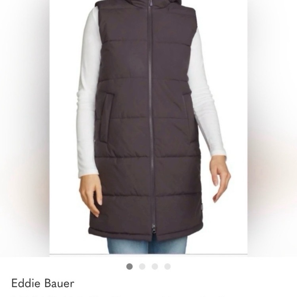 Eddie Bauer Long Quilted Hooded Puffer Vest in Dark Purple